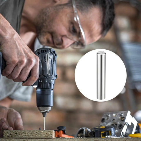 Person using a drill with 3 Mm Diameter Hardened Steel Dowel Pins, 72 Pack For Precision Alignment In Engineering Projects in foreground