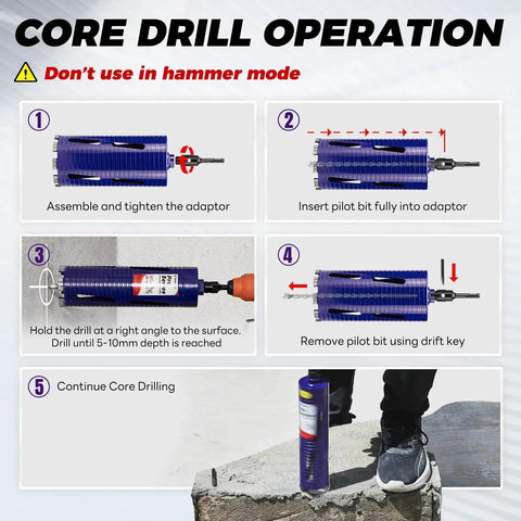 Pro Grade 2 Inch Diamond Core Drill Bit Kit With Pilot Bit And Adapters For SDS Plus And 1/2 Inch Hex Shank, visual instructions