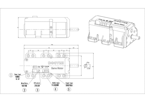 DOCYKE 550kg high-torque RC servo and motor with metal gears; 16–24V; 2-in-1 servo/motor, blueprint front and side views