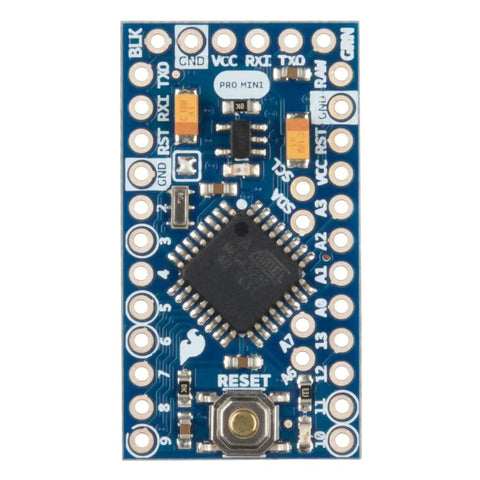 Top view of 3.3V 8MHz Pro Mini ATmega328 Development Board for Arduino, no USB, with solder points and FTDI Basic Breakout compatibility.