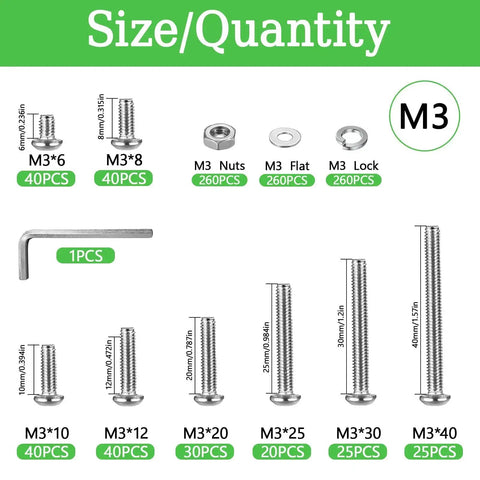 Heavy Duty 1040 Piece M3 Screw Kit With Nuts, Washers And Hex Wrench Includes M3 Screws From 6mm To 40mm Range