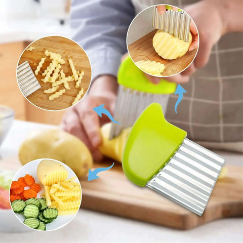 Crinkle Cutter Knife Set With Wavy Blades For Vegetables And Fries Includes 3 Potato Carrot Wave Cutters And A Slicing Fork