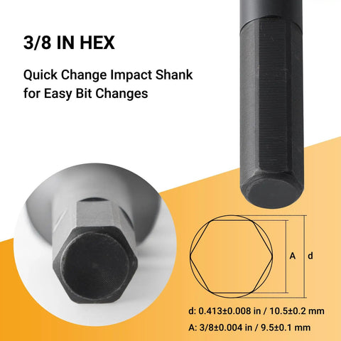 Close-up of 3/8 inch hex shank for Half Inch By Twelve Inch Auger Drill Bit With Three Eighths Inch Hex Shank For Wood And Drywall