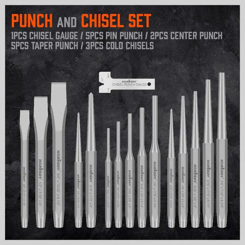 16 Piece Punch And Chisel Set With Taper Punch Cold Chisels Pin Punch Center Punch Heat Treated Chromium Vanadium tools displayed