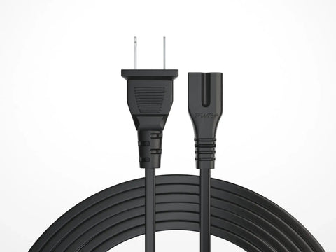 Close-up of 12 Ft 2 Prong Polarized Power Cord For LED TVs Sound Bars Cable Boxes Routers Sewing Machines And Other Home Electronics Gear Great Replacement For Your Favorite Devices, showing plugs.