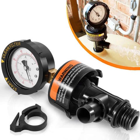 Three-piece high flow manual relief valve with pressure gauge for pool filter; black body, orange label, includes clamp.