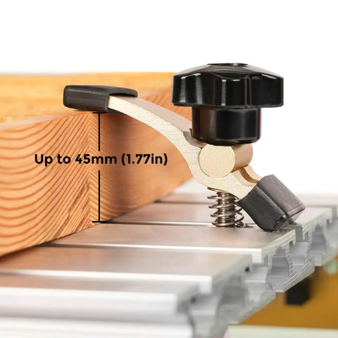 Two Pack Mini Hold Down Clamps Kit for CNC Routers attached to T-slot worktop, grips wood up to 1.77 inches thick