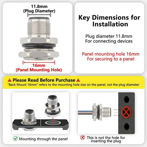 Dimensions and mounting guide for M12 4 Pin A Code Male Connector Cable 0.2M IP67 Waterproof Industrial Circular Connector