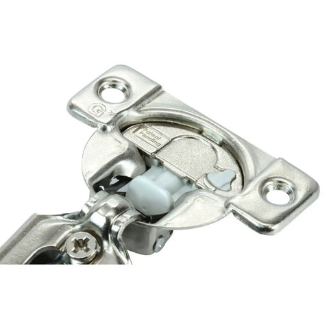 Close-up of Soft Close Cabinet Hinge Pack 25 Count Featuring Grass TEC 864 108 Degree One Quarter Inch Overlay Screw On Pro Grade Compact Hinge With 3 Way Adjustment And 45mm Screw Hole Pattern Wrap Around Mount Includes Wood Screws showing 35mm cup and screw holes