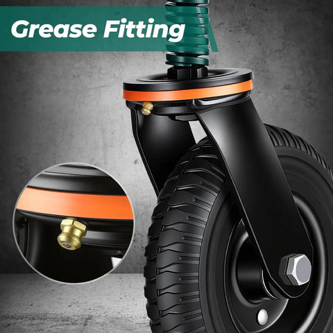 Close-up of Heavy Duty Gate Wheel 8 Inch Gate Wheels For Wooden And Metal Tube Gates Spring Loaded Gate Caster with grease fitting.