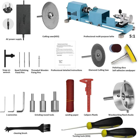 Mini Wood Lathe Machine For DIY Projects A Multi Purpose Desktop Lathe With Pro Grade Tools displayed with accessories and tools