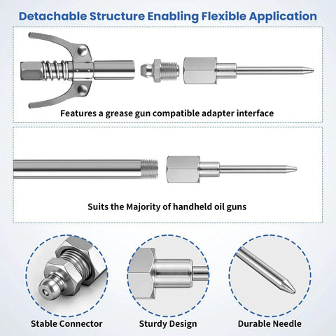7 Piece Grease Gun Needle Tips Accessories Kit Set With Straight And Curved Nozzles Rubber Joint Detachable Injector Coupler Elbow Fittings 2 Heavy Duty Dispensers Great For Narrow Tight Small Confined Spaces, featuring detachable structure and adapter interface.