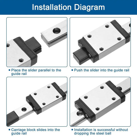 Installation diagram of 150Mm Linear Guide Rail Kit with Two MGN7H Carriages and Mini MGN12 Guides for DIY 3D Printers and CNC Machines.