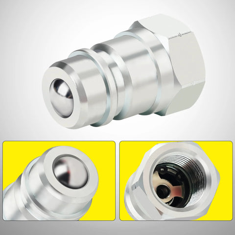 ANCIMOON 1/2 in ISO 5675 ball hydraulic quick-connect coupler with dust caps, silver metal, side and end-view close-ups
