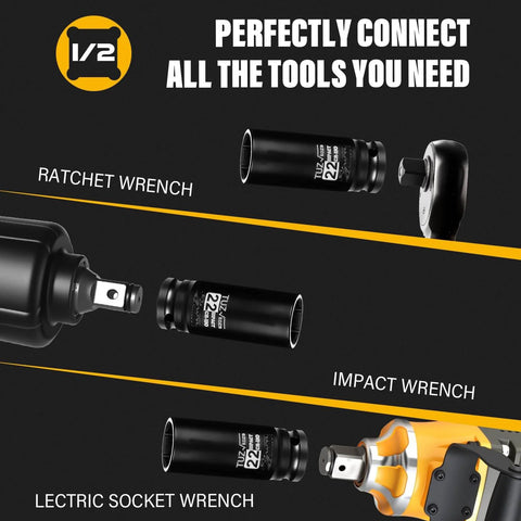 Heavy Duty 1/2 Inch Drive 22mm Deep Well Metric Impact Socket CR-MO Steel shown with various wrenches for connection.