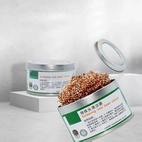 Soldering Iron Tip Cleaner Wire With Brass Sponge For Cleaning Soldering Iron Heads And Tips, metal container on display