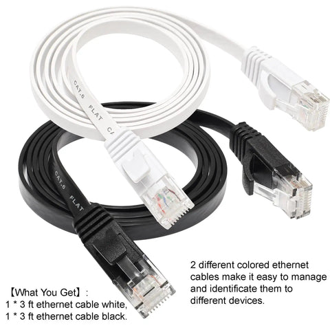 Flat Cat6 Ethernet Cable 3Ft 2 Pack Ultra Fast 10Gbps Ready Patch Cord With RJ45 Connectors For Router Laptop Modem Slim Low Profile