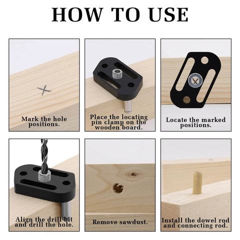 Instruction guide for using Self Centering Doweling Jig With Eight Size Drill Bushings For One Eighth To Three Eighth Inch Drill Bits