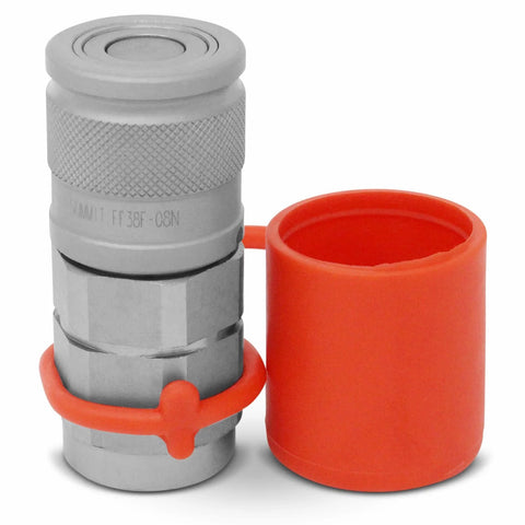 Summit Hydraulics 3/8 in flat-face hydraulic quick-connect coupler with orange dust cap, 1/2 in NPT thread.