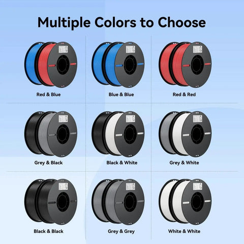 Two 1Kg PLA Filament Spools 1.75mm Black And White Bundle For 3D Printing shown in a selection of color combinations.