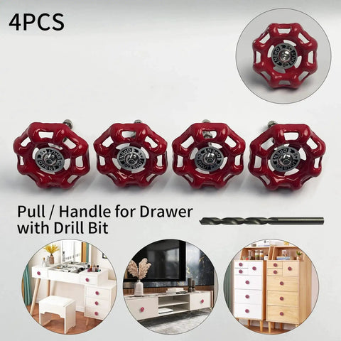 4 Pack Vintage Iron Valve Cabinet Knobs And Pulls With Drill Bit, red metal handles for cabinets and drawers, industrial style, with drill bit