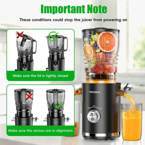 VMIXBLE juicer machine with black base and clear juice jug filled with oranges and grapes, front view