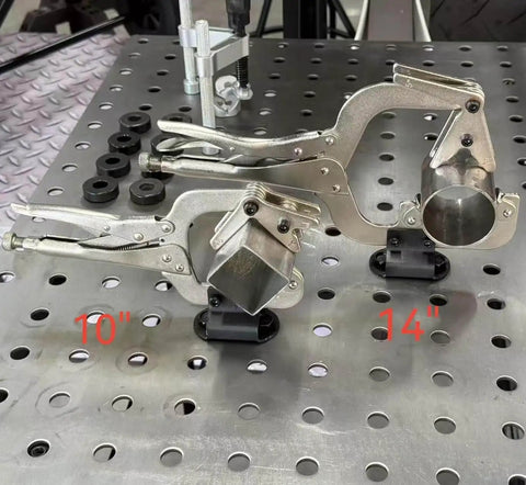 Two sizes of the Beefy 10 Inch Locking Welding Clamp With Swivel V Type Pads And Installing Support For Table Mount on metal surface.