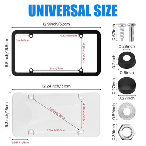 2 Pack Clear License Plate Frame Cover With Curved Surface Design And Bubble Protection Keeps Your Plate Clear From Fading And Rust Anti Corrosion Exterior Automotive Accessory dimensions and hardware overview.