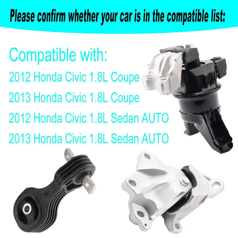 Set Of 3 Engine Motor Mount And Transmission Mount Kit For 2012 Through 2015 Civic 1.8L with visible mounts
