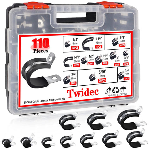 Cable clamps assortment kit, 110 pieces, stainless steel with rubber-coated cushions, handheld case, 10 sizes
