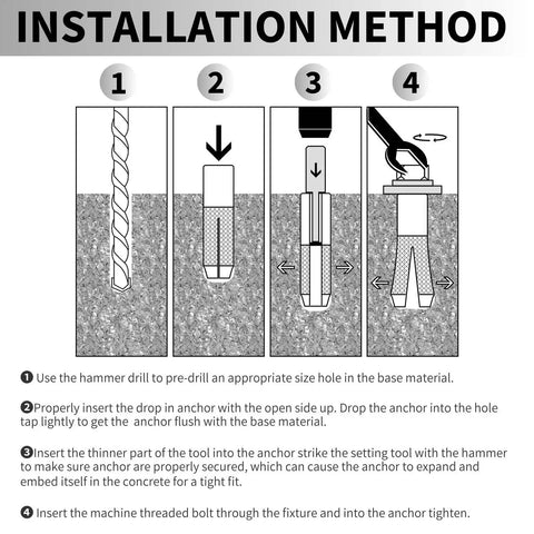 Installation method for Drop-In Anchors Set, 50 Pc, 1/2 Inch By 13 Zinc-Plated For Concrete, shows step-by-step guide for secure mounting.