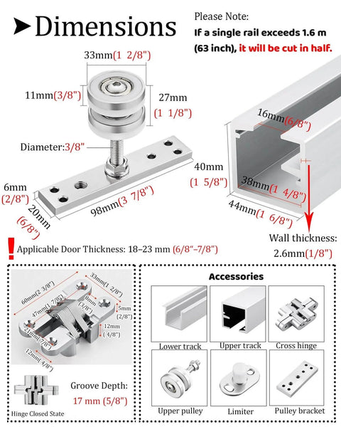 Diagram of concealed sliding door track kit parts and dimensions; 3mm aluminum U channel, supports two or four doors up to 330 lb.