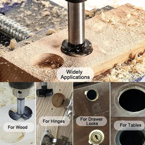 Beefy Carbide Tipped 3 Inch Forstner Drill Bit For Woodworking And Plywood Cutting, Heavy Duty Hardwood Hinge Cutter Bit, 76mm Shank in use on assorted wood projects.
