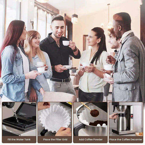 Group enjoying coffee in an office environment with steps to use the Workhorse Commercial Drip Coffee Maker With 12 Cup Capacity And 74 Ounce Thermal Carafe In Stainless Steel For Busy Kitchens And Offices Model SFCB1AA.