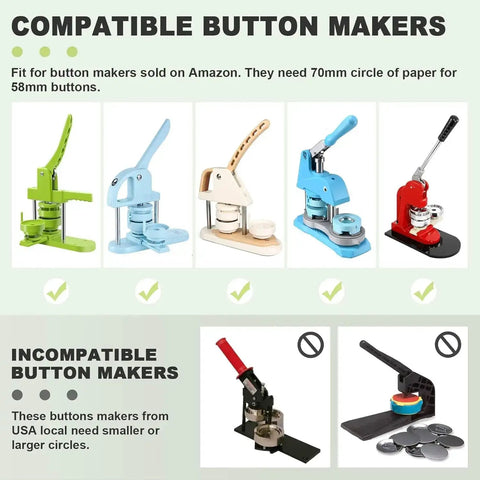 Image showing compatible and incompatible button makers with visual comparison for 70mm circle paper for 58mm buttons.