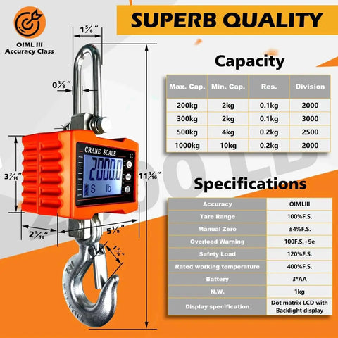 Beefy Digital Crane Scale With 1000 Kg Capacity 2200 Lb High Precision 0.2 Kg Increments Aluminum Case Remote Control CE Certified Industrial Hanging Scale For Garage Farm And Hunting Orange