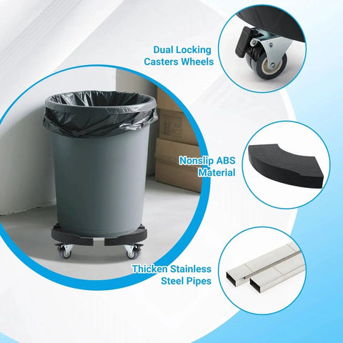 Adjustable 15-19 Inch Round Drum Dolly with Locking Wheels, shown with trash can, dual locking casters, ABS material, stainless steel pipes.