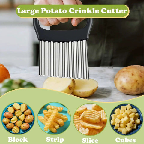 Large Potato Crinkle Cutter FATUXZ Stainless Steel Waffle Fry Slicer with ergonomic grip slicing potatoes on a kitchen counter.