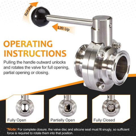 Front view of a 1.5-inch heavy-duty butterfly valve with pull handle; stainless steel, tri-clamp fittings.