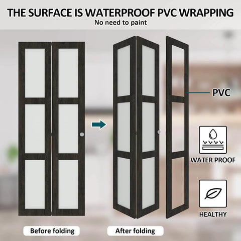 Space-Saving Bi-Fold Doors For 60 By 80 Inch Openings showing front and folded view with PVC wrapping.