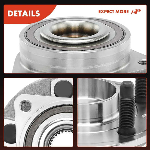 Close-up of Two Front And Rear Wheel Bearing And Hub Assemblies With Bolts 5-Lug, Compatible With Chevrolet GMC Buick Cadillac Saab Models