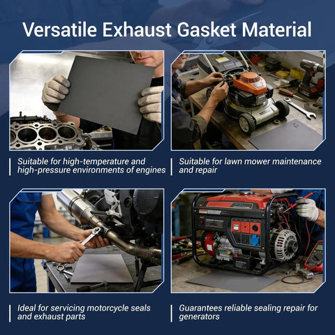 Non Asbestos Gasket Material Kit For DIY Engines And Mowers Heavy Duty 16 Pcs 14 By 11 Inch 1mm High Temperature Oil Resistant Gasket Set For Lawn Mower Engine Rebuilds Gasoline And Diesel shown in use for various engine types.