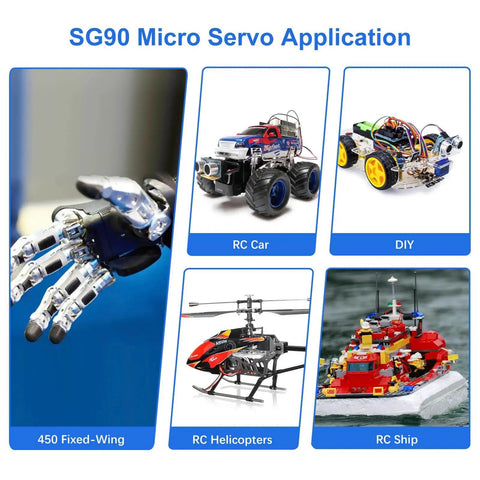 10 Pack 9G Micro Servo Motors For Small RC Helicopters Cars Boats Drones And Robotic Arms showcasing application uses