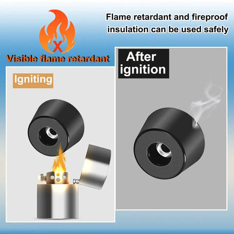 Flame retardant insulation demonstration with visible flame and smoke next to black cylindrical component.