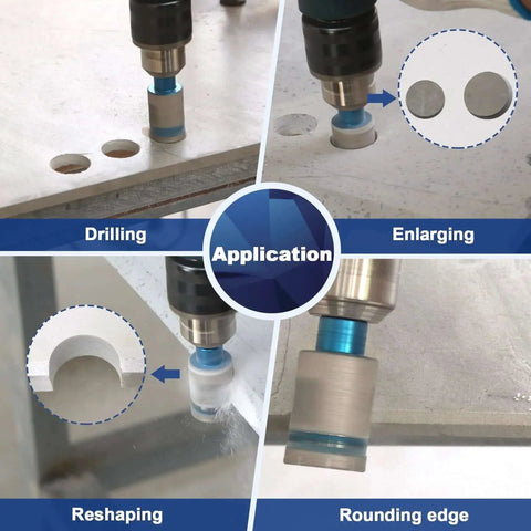 2 Pack 1 Inch Diamond Core Drill Bit And Diamond Finger Milling Bit Set With Triangle Shank For Porcelain Tile Ceramic Stone Granite Marble Drill Enlarge And Shape Holes In One Handy Tool showing applications like drilling, enlarging, reshaping, and rounding edges on tiles.
