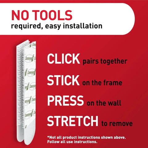 Installation instructions for Large Picture Hanging Strips Set for Frames Up To 24 x 36 Inches, displaying adhesive use on red background.