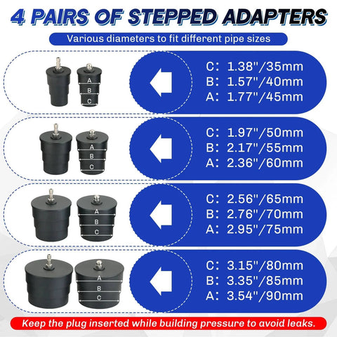 Diagram of Beefed-Up Turbo System Leakage Tester Kit with 4 stepped adapters for different pipe sizes, 12-piece set.