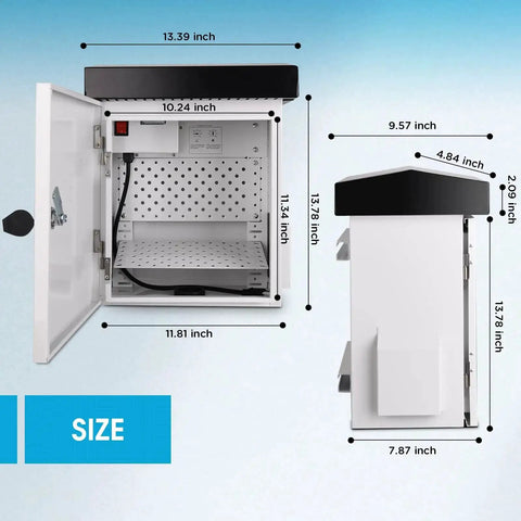 Outdoor Electrical Enclosure With Thermostat 100W Heater And 12W Fan IP65 Waterproof Galvanized Steel Cabinet open and side view with dimensions