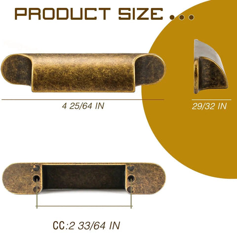 Dimensions of the 4 pack antique zinc alloy cabinet pulls with 3 inch hole centers brass finish, shown in multiple angles.