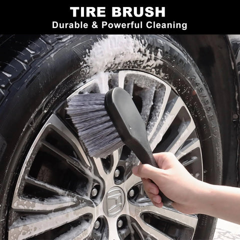 All In One Car Wheel Cleaning Kit With Long Handle Brushes cleaning a car tire and rim with soap